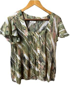 Dress Barn Woman Blouse Green & Beige Pattern Short Sleeve Button Front XL